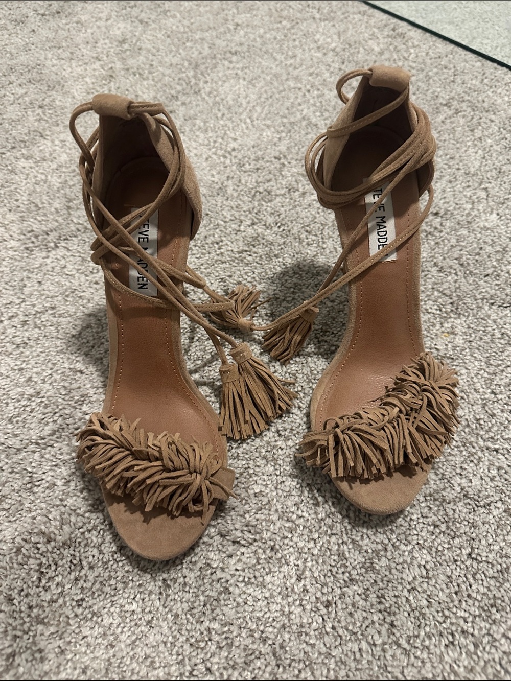 Steve Madden Tan Suede Fringe Wrap-Around Stiletto Heels - Picture 2 of 3